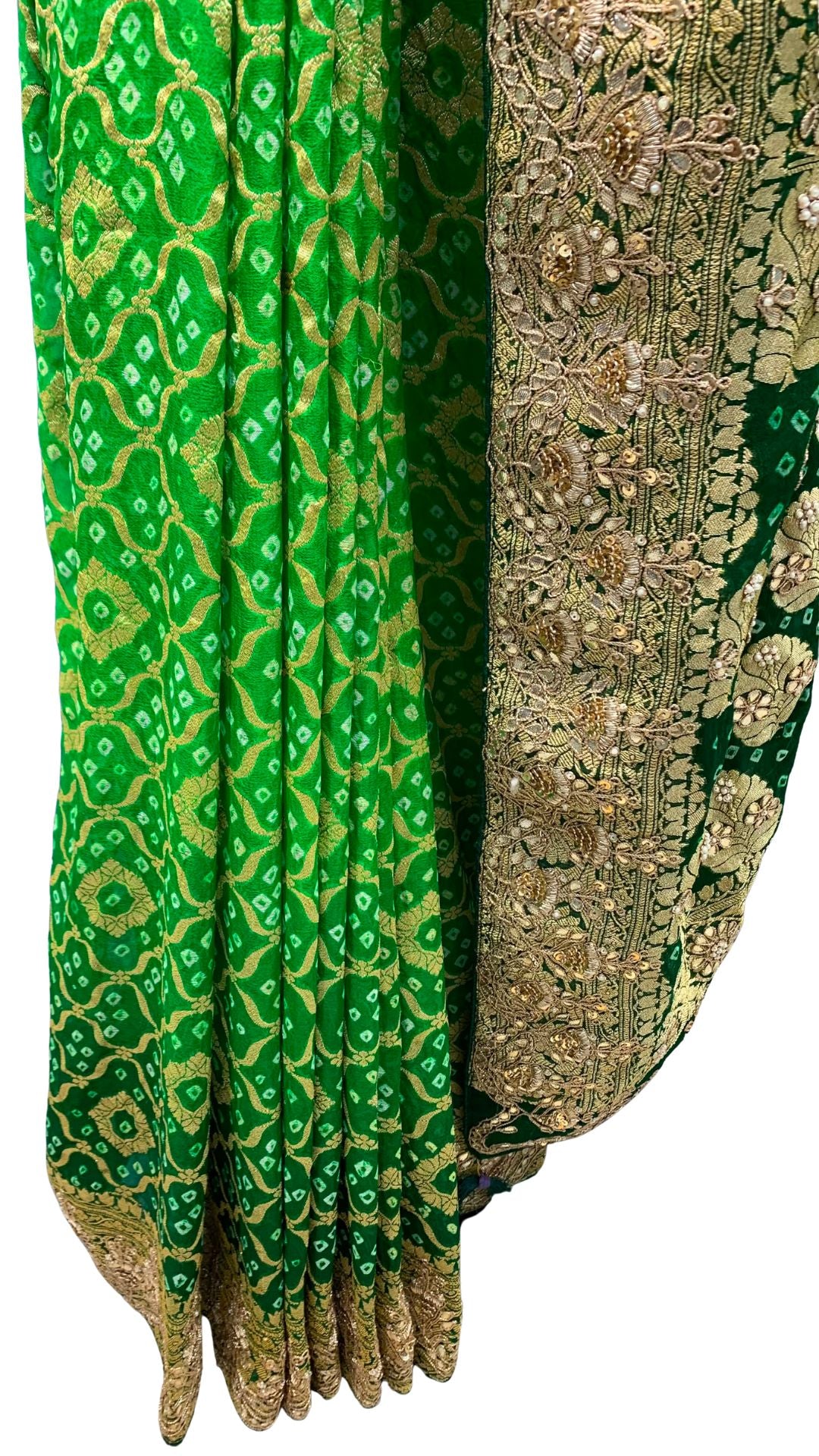 Green Pure Georgette Bandhej Unstitched Saree with Gota, Dabka & Dori Work